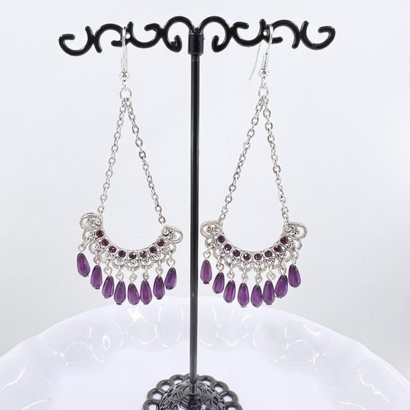 NWT - Robert Rose - Purple Beaded Chandelier Shiny Silver Tone Fishhook Earrings - Picture 2 of 7